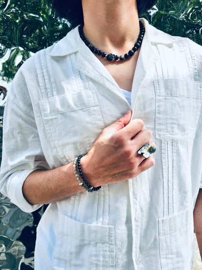 Obsidian Shield – Black Obsidian & Lava Stone Necklace